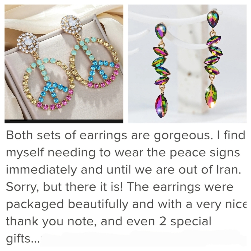 Peace Sign Rhinestone Statement Earrings Emerald Green - Picture 6 of 13